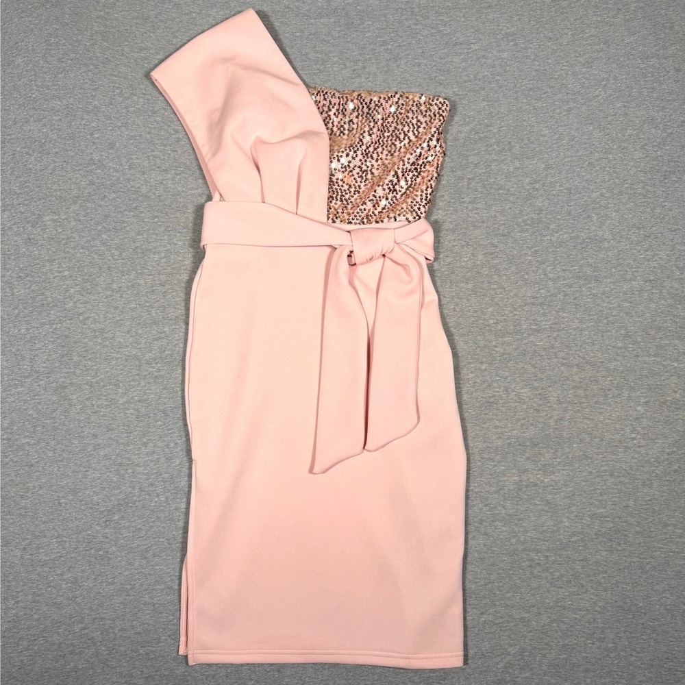 ChicMe Womens One Shoulder Sequin Cocktail Dress Pink Sheath Tie Waist Medium